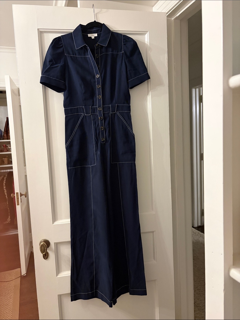 Women's Navy Button-Front jump suit with Contrast Stitching